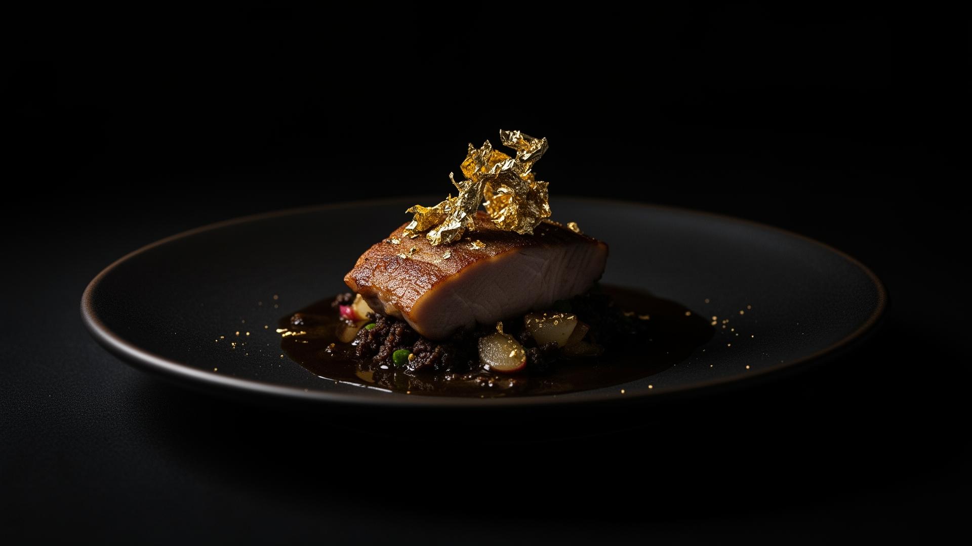 Plated culinary art with gold leaf